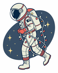 Fototapeta premium Retro Astronaut with Christmas Lights: A whimsical illustration of an astronaut adorned with Christmas lights, floating through space, creating a festive cosmic atmosphere. 