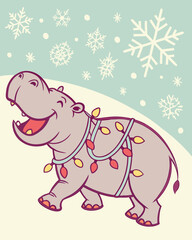 Obraz premium Retro Jolly Hippo Christmas Lights 