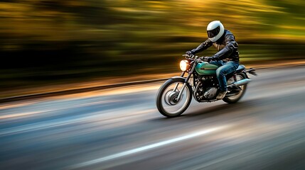 Fototapeta premium A man riding at full speed on a road, captured in a close-up shot with motion blur in the background, conveying a sense of speed and excitement during the daytime