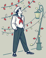 Sailor under the String Lights: A stylish illustration of a happy sailor strolling under festive string lights at night, evoking a sense of nostalgia and romance.