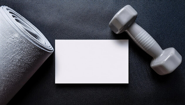 Fitness coach business card mock-up arranged with gym towel and dumbbell, perfect for promoting health and wellness services