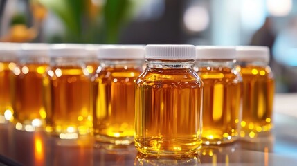 A row of clear jars filled with a golden liquid