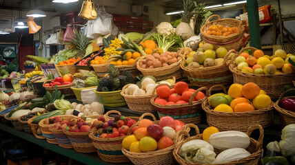 A market stall overflowing with fruits and vegetables in wicker baskets.