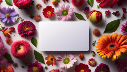 Business card mock up surrounded by vibrant flower arrangements with colorful petals and foliage