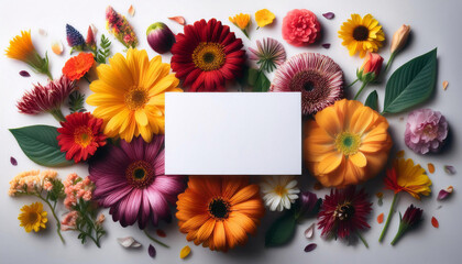 Vibrant flower arrangements surround an empty business card mock up for a florist display in a creative setting