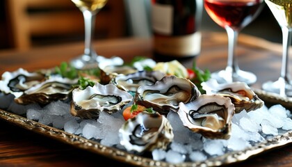 Naklejka premium set of oysters on ice on a beautiful tray, glasses of wine nearby