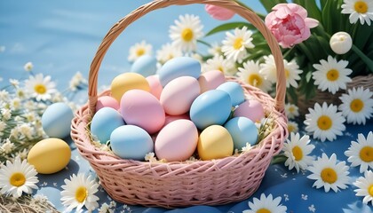 Obraz premium Surtido de coloridos huevos de Pascua en tonos pastel de rosa, amarillo, azul y blanco