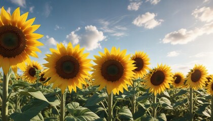 Fototapeta premium Field of vibrant sunflowers standing tall under a sunny sky, helianthus, sunflower seeds, golden