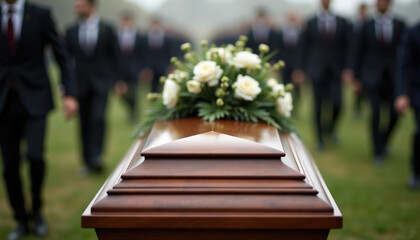 Casket adorned with flowers at a burial ceremony in a tranquil cemetery, surrounded by grieving loved ones.