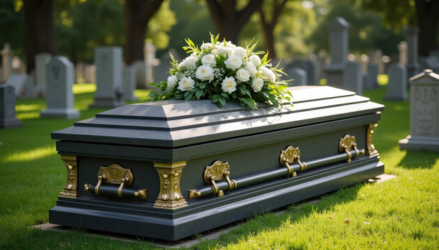 Elegant casket with floral arrangements during a touching burial service in a cemetery, surrounded by mourners under the soft evening light.