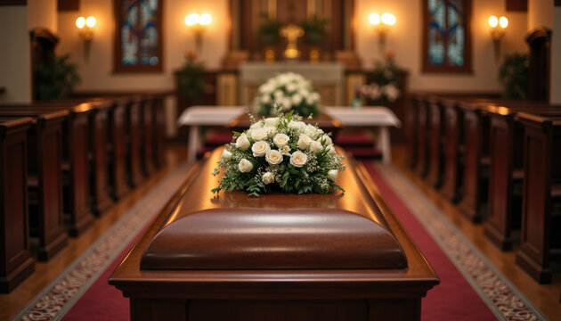 A casket adorned with flowers inside a chapel, surrounded by mourners in a cherished moment of remembrance and support.