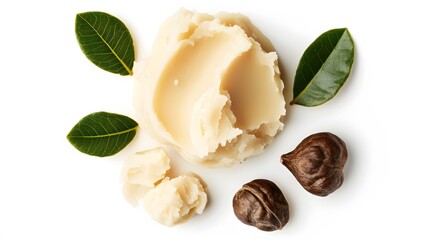 Realistic spread of shea butter with a few scattered shea nuts and leaves on a white background, highlighting its natural origins and creamy texture