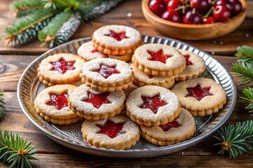 Star-shaped Linzer cookies with red jam and powdered sugar served on a silver tray, surrounded by fresh cherries and pine branches. A rustic and festive Christmas treat.