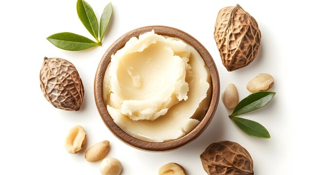 Realistic spread of shea butter with a few scattered shea nuts and leaves on a white background, highlighting its natural origins and creamy texture