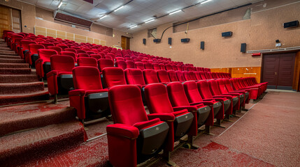 Naklejka premium Empty red cinema hall seats in October Cinema, Nizhny Novgorod, showing a comfortable and soft auditorium view.