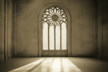 Fototapeta premium Bright light streams into a large under-construction room showcasing arched window and framework details