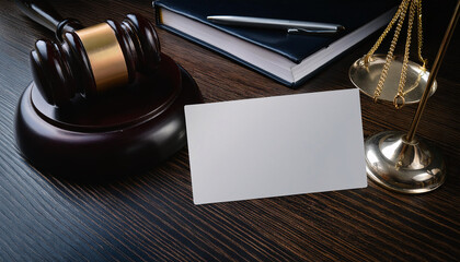 Business card mock up on a polished wooden desk surrounded by legal documents and a gavel in a professional lawyer's office