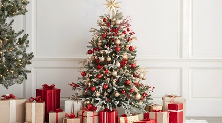 A christmas tree decorated with red and gold ornaments.