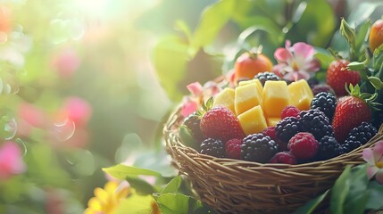 Naklejka premium Summer Fruit Basket Fresh Berries Pineapple Garden Background