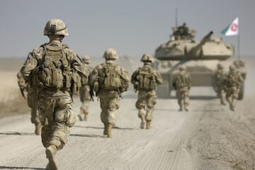 Desert military exercise featuring tanks and soldiers with flags of USA, Iran, and China in background under bright sunlight