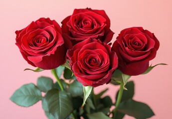 Obraz premium Beautiful Arrangement of Fresh Red Roses on Soft Pink Background Perfect for Romantic Celebrations, Gifts, and Floral Decorations in Various Settings