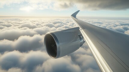 Aerial View of Airplane Wing Above Soft White Clouds with Engine and Golden Light of Sunset Reflecting Off the Wing's Surface
