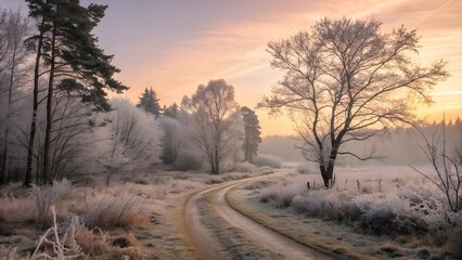 Frosty landscape at dawn with winding road through trees and grass, peaceful atmosphere
