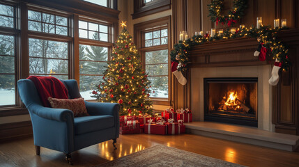 Cozy Christmas Living Room  Fireplace  Tree  Presents  Winter Wonderland