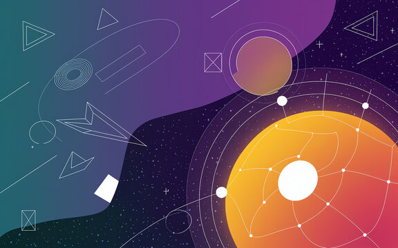 Colorful abstract space composition with geometric shapes and celestial elements during a cosmic theme - Powered by Adobe
