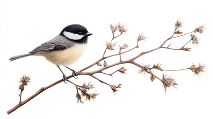 Fototapeta premium Charming small songbird perched on a delicate branch showcasing natural beauty, grace, and vibrant colors set against a clean white background.