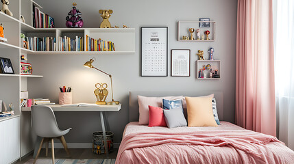 A bedroom with a desk, a chair, and a pink bed with pillows
