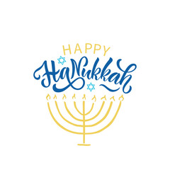 Happy Hanukkah handwritten text. Modern brush calligraphy, hand lettering typography, David's star isolated on white background. Vector illustration for Jewish holiday as greeting card, poster, banner