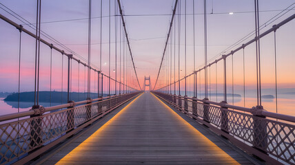 Fototapeta premium Symmetrical view of a suspension bridge at sunrise.