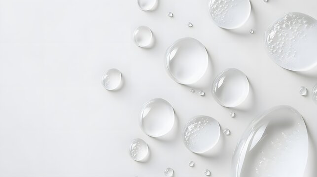Realistic spread of hyaluronic acid droplets on a white background, emphasizing its clear, gel-like consistency and glossy sheen with precise detailing