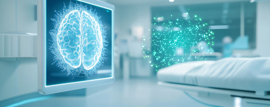 Holographic display of AI driven brain diagnostics in hospital room.
