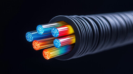 Colorful optical fibers in a conduit, emphasizing technology.