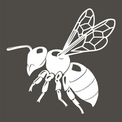 white bee line minimal flat illustration, isolated on Charcoal Brown background, top view