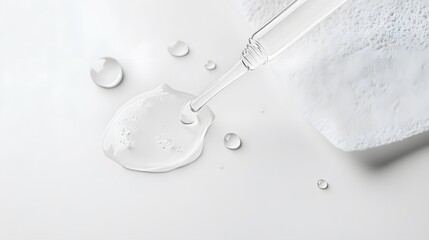 Realistic close-up of hyaluronic acid serum being applied to a cotton pad on a white background, emphasizing its hydrating properties and clear
