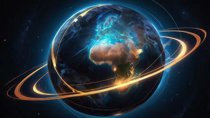 Obraz premium A glowing orb surrounded by abstract lines, symbolizing the Earth’s energy, vitality, and modern interpretation.