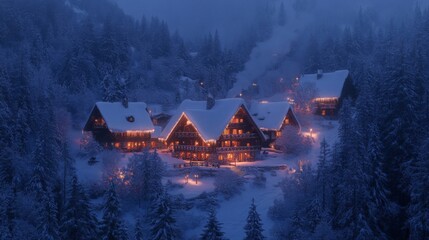 Obraz premium Illuminated Cabins in a Snowy Forest at Night