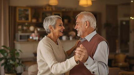 Couple joyfully dancing in a cozy living room during a warm afternoon
