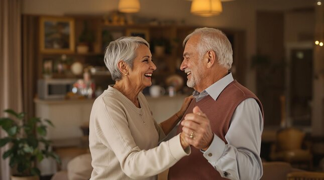 Couple joyfully dancing in a cozy living room during a warm afternoon - Powered by Adobe
