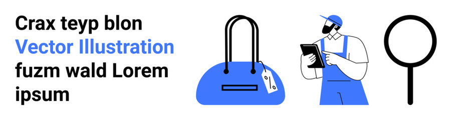 Inspector in uniform examining handbag with clipboard and magnifying glass. Ideal for retail quality control, inspection processes, product evaluation, supply chain management, customer service