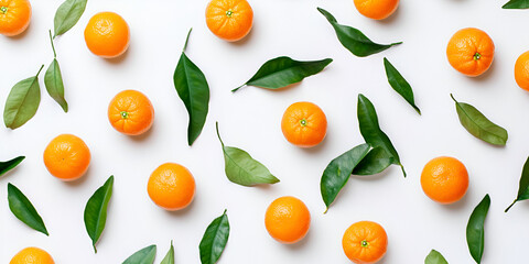 Obraz premium Mandarins and Green Leaves on White Background