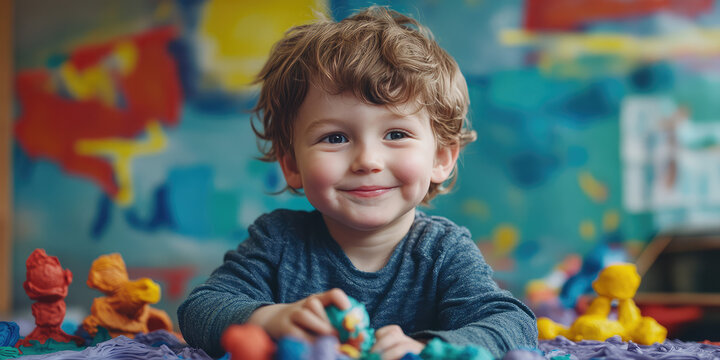 Portrait of a cheerful smiling child boy playing with plasticine. Child molding figures, early development, preschool creative education