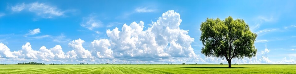 Fototapeta premium Panoramic Thunderstorm Sweeps Through Scenic Scandinavian Landscape with Dramatic Clouds and Vibrant Blue Sky