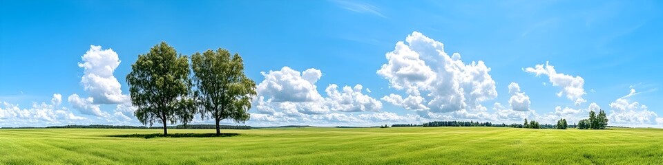 Panoramic summer landscape with fluffy clouds over Finland s meadows and forests