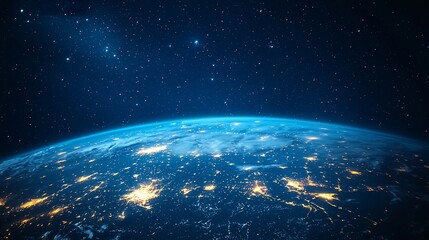 Obraz premium Earth at night, seen from space, with city lights illuminating continents.