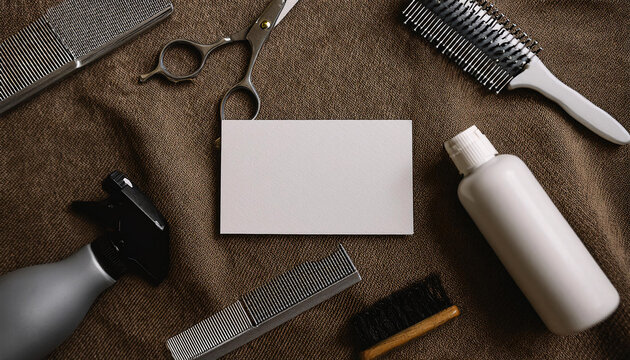 Business card mock up displayed with grooming tools for a pet grooming service against a textured background