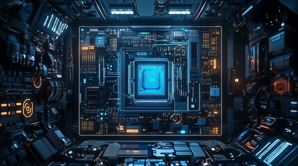 Fototapeta premium Computer screen displaying detailed blue circuit board image